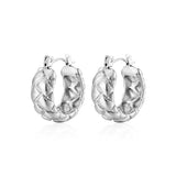 A pair of 925 sterling silver hoop earrings featuring a sophisticated quilted diamond pattern on a white background.