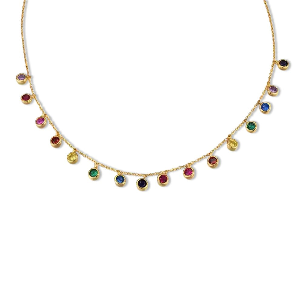 A delicate gold-plated sterling silver necklace with dangling rainbow-colored 3A cubic zirconia stones isolated on a white background.