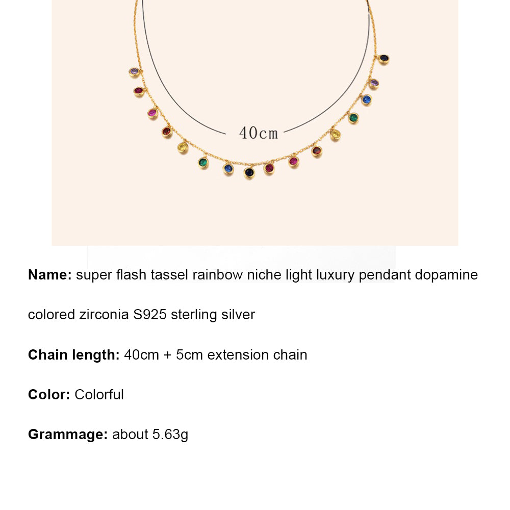 Dimensions and size guide for the gold-plated S925 sterling silver rainbow station necklace featuring multicolor cubic zirconia.