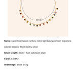 Dimensions and size guide for the gold-plated S925 sterling silver rainbow station necklace featuring multicolor cubic zirconia.