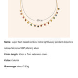 Dimensions and size guide for the gold-plated S925 sterling silver rainbow station necklace featuring multicolor cubic zirconia.