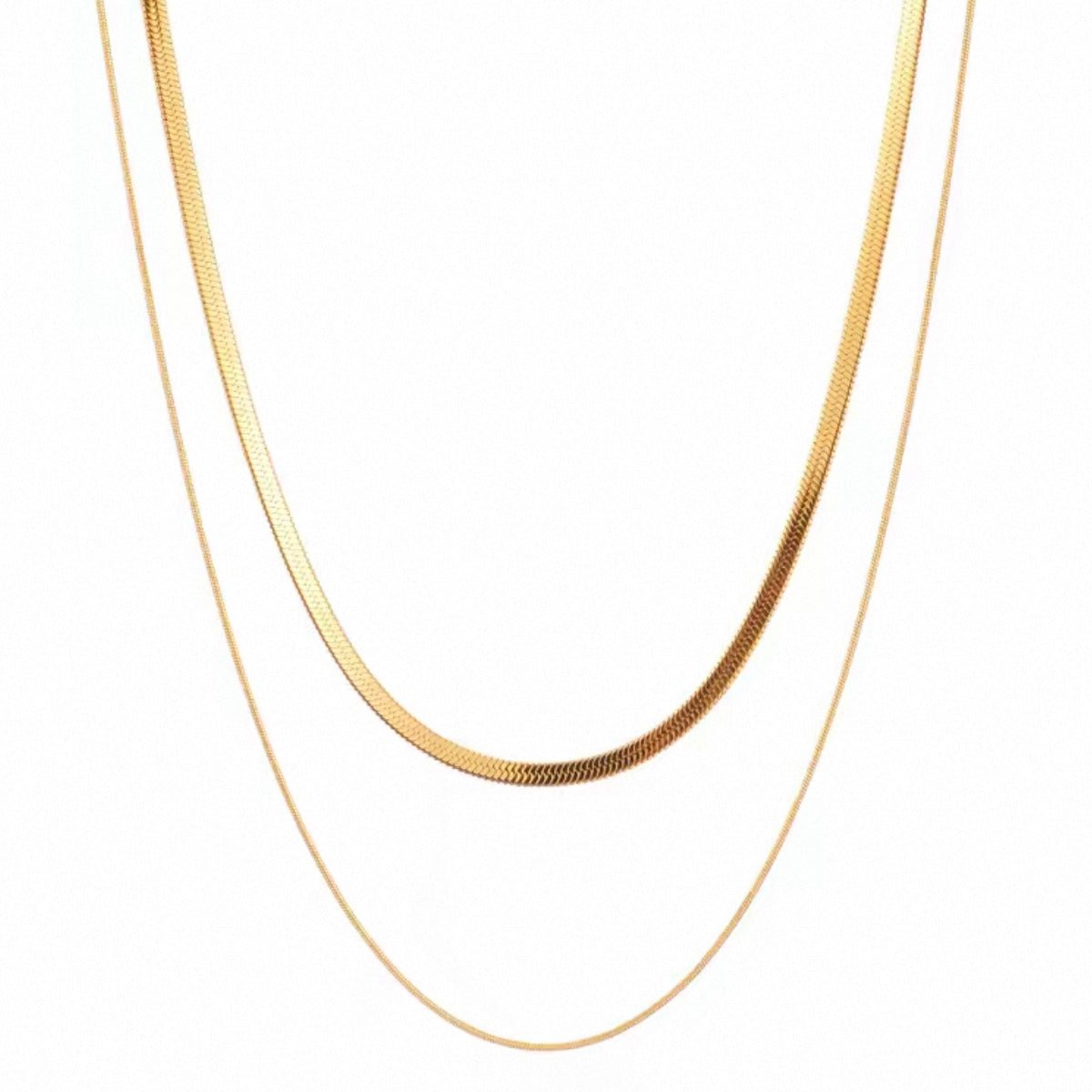 Clean product shot of the 18K gold double layer snake and herringbone chain on a white background.