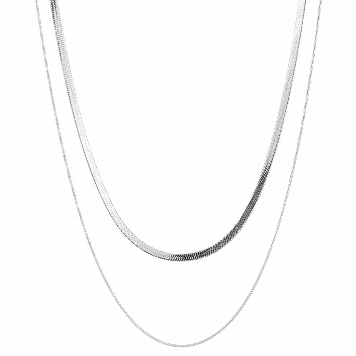 Clean product shot of the silver double layer snake and herringbone chain on a white background