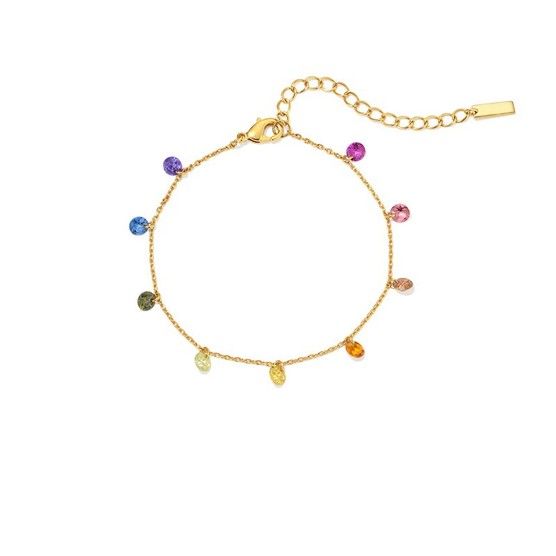 18K gold plated bracelet featuring multi-colored cubic zirconia stones with an extender chain on a white background.