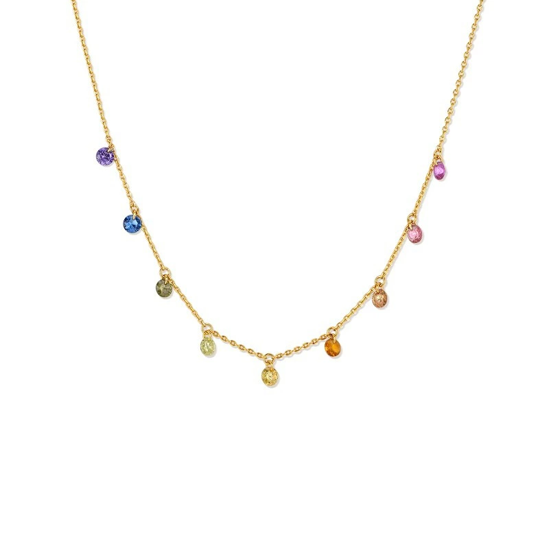 18K gold plated necklace featuring multi-colored cubic zirconia stones on a white background.
