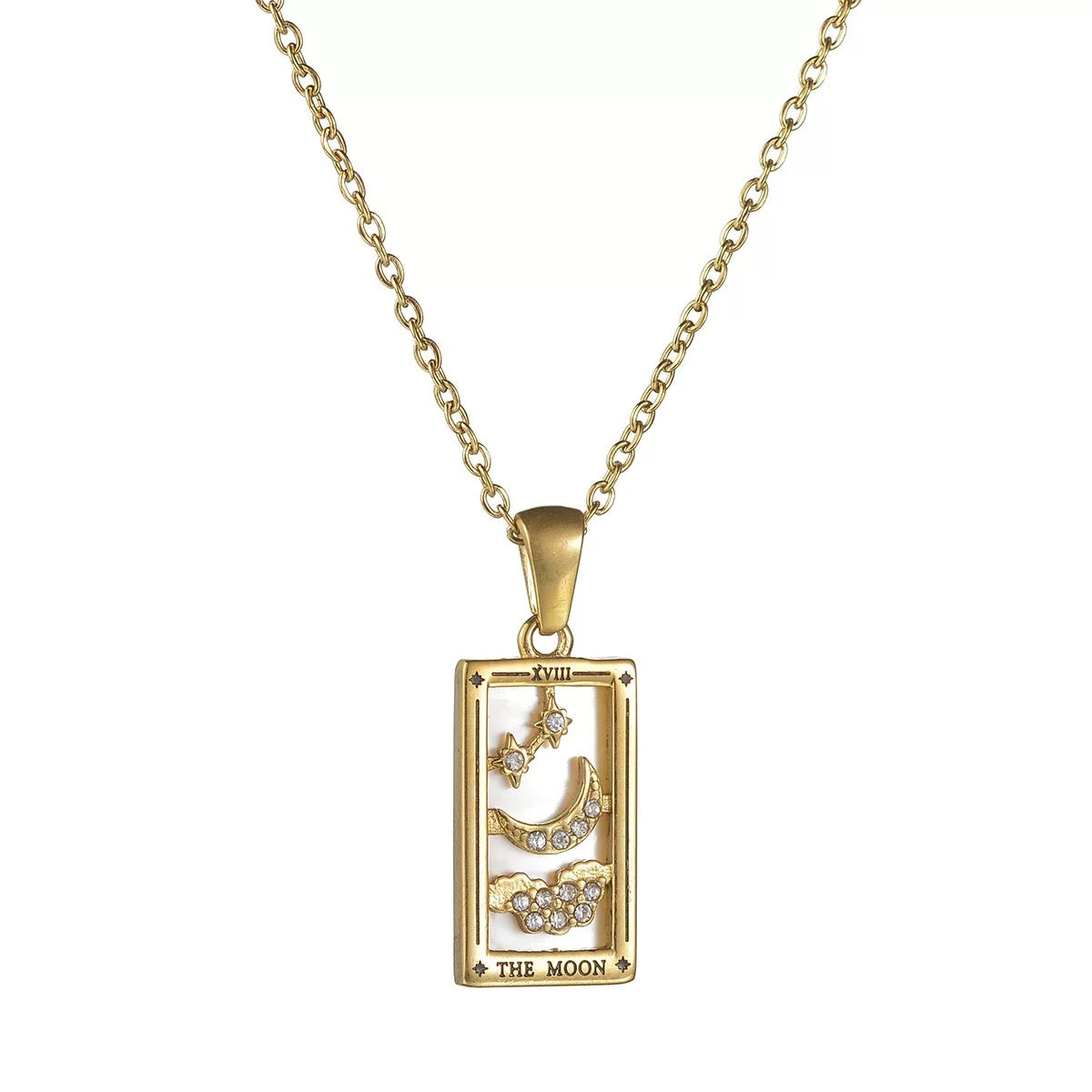 A gold rectangular tarot card pendant labeled THE MOON, featuring a white enamel background, a gold crescent moon, clouds, and star motifs accented with clear cubic zirconia.