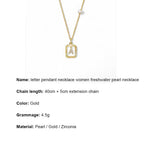 Product specifications and dimension guide for the vintage sunburst initial necklace, highlighting the 14K gold plated frame and freshwater pearl details.
