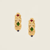 A pair of 18K gold plated vintage quilted hoop earrings featuring red, green, and blue gemstones