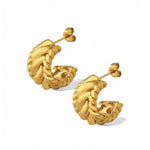 A pair of chunky gold C-hoop earrings featuring a braided rope texture and post back closures, isolated on a white background.