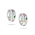 A pair of 14K white gold-plated huggie earrings featuring a variety of colorful gemstones in heart, star, and round shapes.