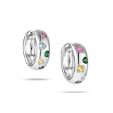A pair of 14K white gold-plated huggie earrings featuring a variety of colorful gemstones in heart, star, and round shapes.