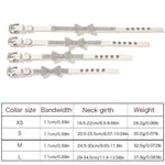 Four white PU leather pet collars with rhinestone bow ties laid flat from size XS to L, shown above a detailed sizing chart.