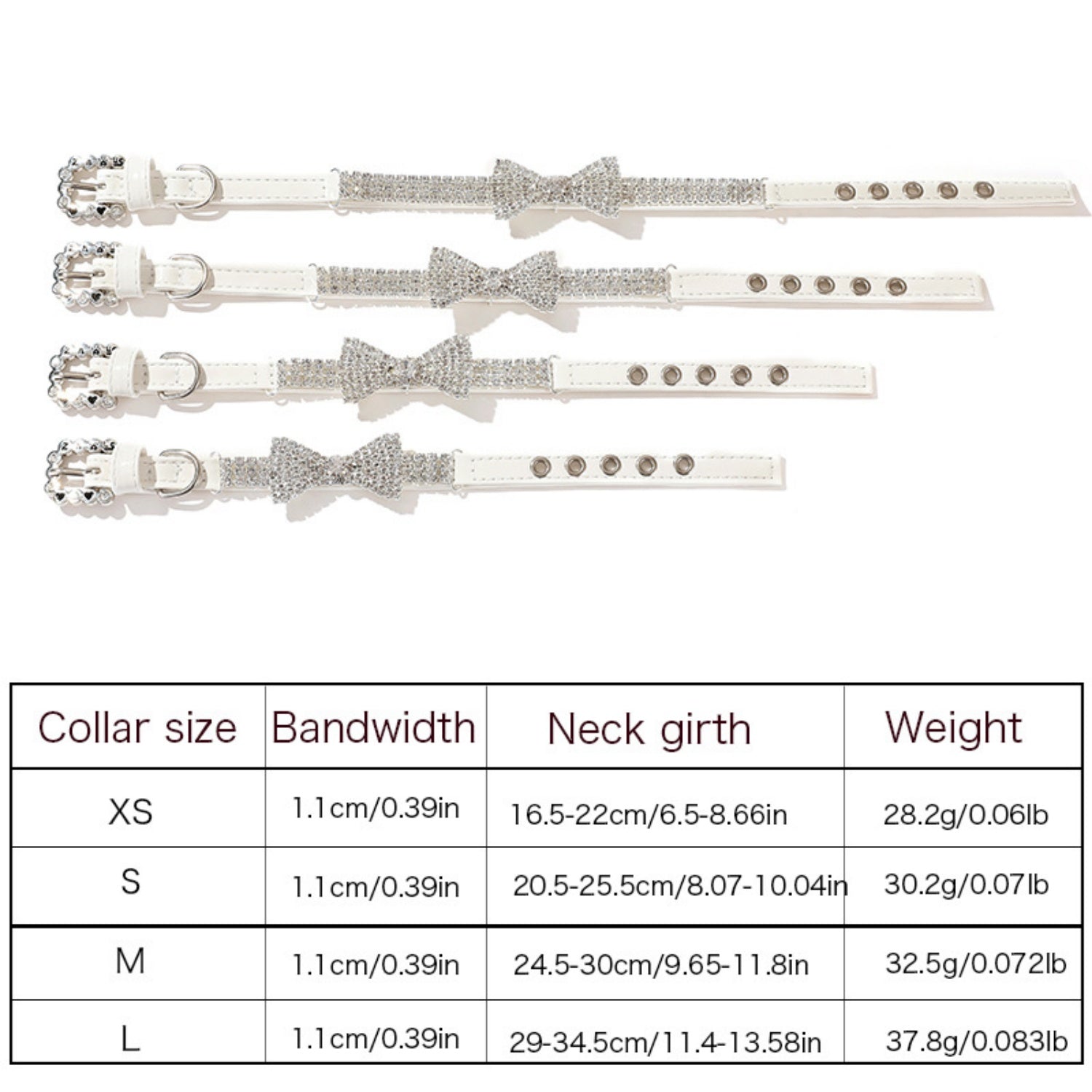 Four white PU leather pet collars with rhinestone bow ties laid flat from size XS to L, shown above a detailed sizing chart.