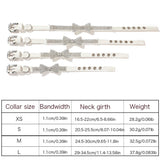 Four white PU leather pet collars with rhinestone bow ties laid flat from size XS to L, shown above a detailed sizing chart.